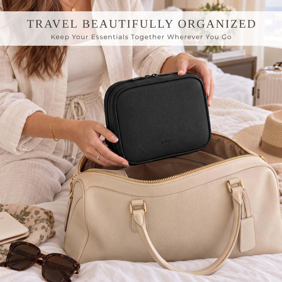 Stylish Tech Organizer Pouch - PU Leather Electronics Travel Bag for Women
