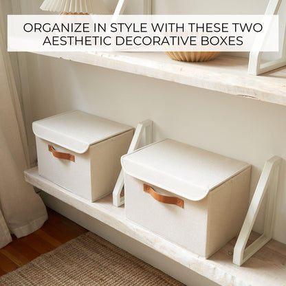 ZICOTO Beautiful Storage Bin with Lid – Foldable Cotton-Linen Fabric Box with PU Leather Handles, Decorative Closet Organizer Cube Reinforced with PP Board