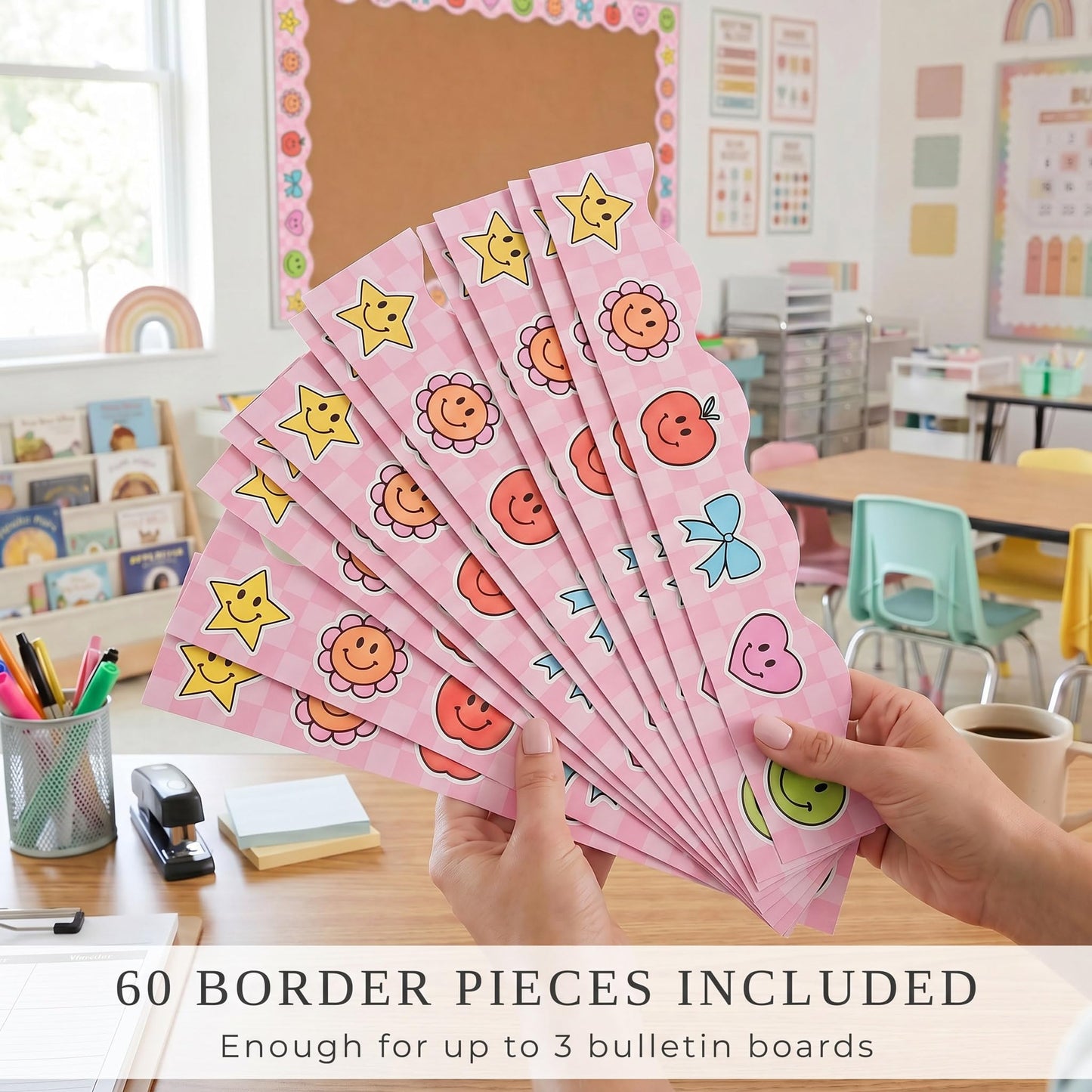 Beautiful Scalloped Bulletin Board Borders for Classroom Decor - 60 Smiley Face Strips for Up to 3 Boards 4x6 ft, Durable Decoration and Teacher Must Haves for a Warm Welcoming Classroom