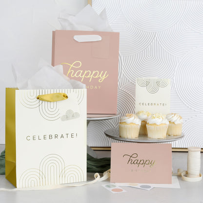 Beautiful Birthday Gift Bags Set of 4 - Medium Sized 9" Gift Bags with Handles incl. Matching Tissue Paper, Cards & Stickers - Reusable & For Presents of Any Weddings, Mothers Day or Other Occasion