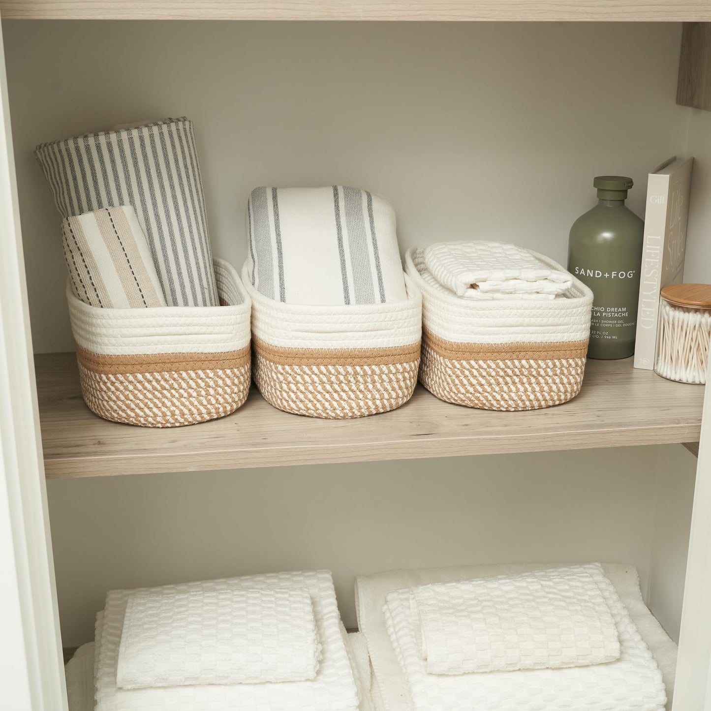Beautiful Storage Basket Set of 3 - Sturdy Cotton Rope Baskets for Shelves Are Perfect for Organizing Your Home - Quality Storage Bins Easily Fit With Any Nursery or Bedroom Decor
