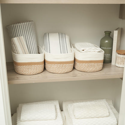 Beautiful Storage Basket Set of 3 - Sturdy Cotton Rope Baskets for Shelves Are Perfect for Organizing Your Home - Quality Storage Bins Easily Fit With Any Nursery or Bedroom Decor