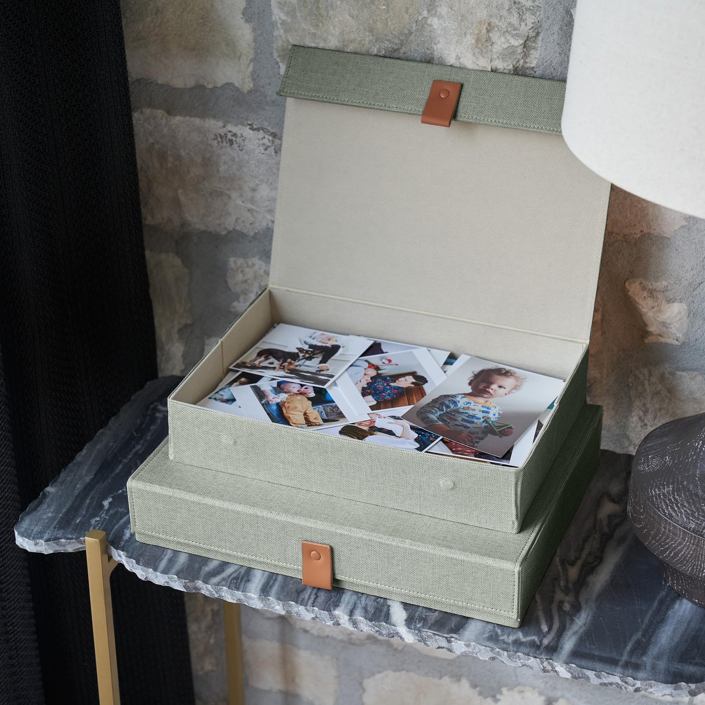 Decorative Photo Storage Boxes with Lids - Set of 2 Beautiful Linen Organizers Are Perfect to Safely Store Your Pictures, Documents, Scrapbooking Supplies, Keepsakes and Other Memories in Style