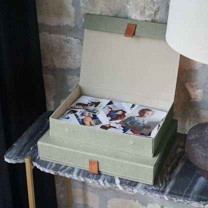 Decorative Photo Storage Boxes with Lids - Set of 2 Beautiful Linen Organizers Are Perfect to Safely Store Your Pictures, Documents, Scrapbooking Supplies, Keepsakes and Other Memories in Style