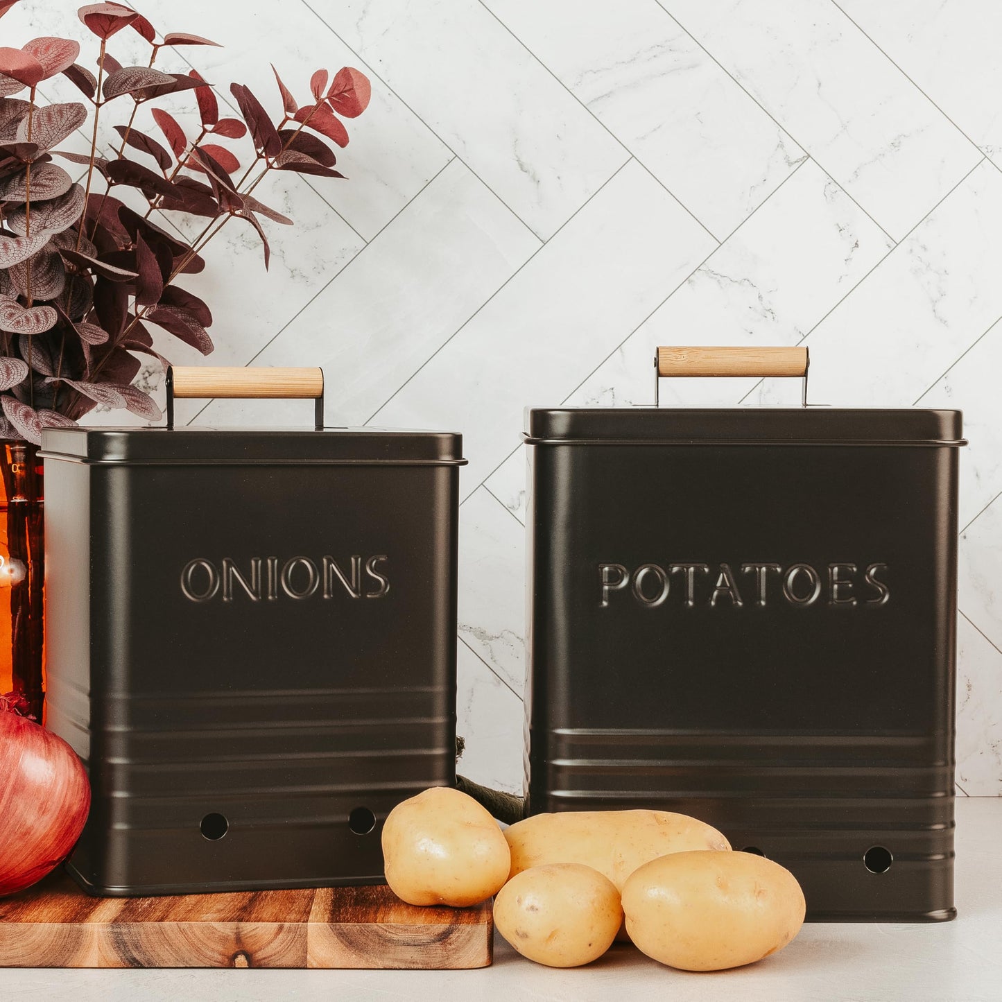 Beautiful Potato and Onion Storage Container Set - Perfectly Sized Spacious Canisters For Your Kitchen Counter Or Pantry - Quality Food Safe Metal Bins Keep Your Produce/Vegetables Fresh Longer