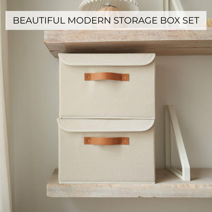ZICOTO Beautiful Storage Bin with Lid – Foldable Cotton-Linen Fabric Box with PU Leather Handles, Decorative Closet Organizer Cube Reinforced with PP Board