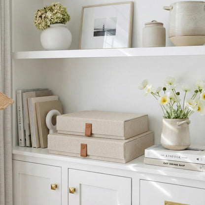 Decorative Photo Storage Boxes with Lids - Set of 2 Beautiful Linen Organizers Are Perfect to Safely Store Your Pictures, Documents, Scrapbooking Supplies, Keepsakes and Other Memories in Style