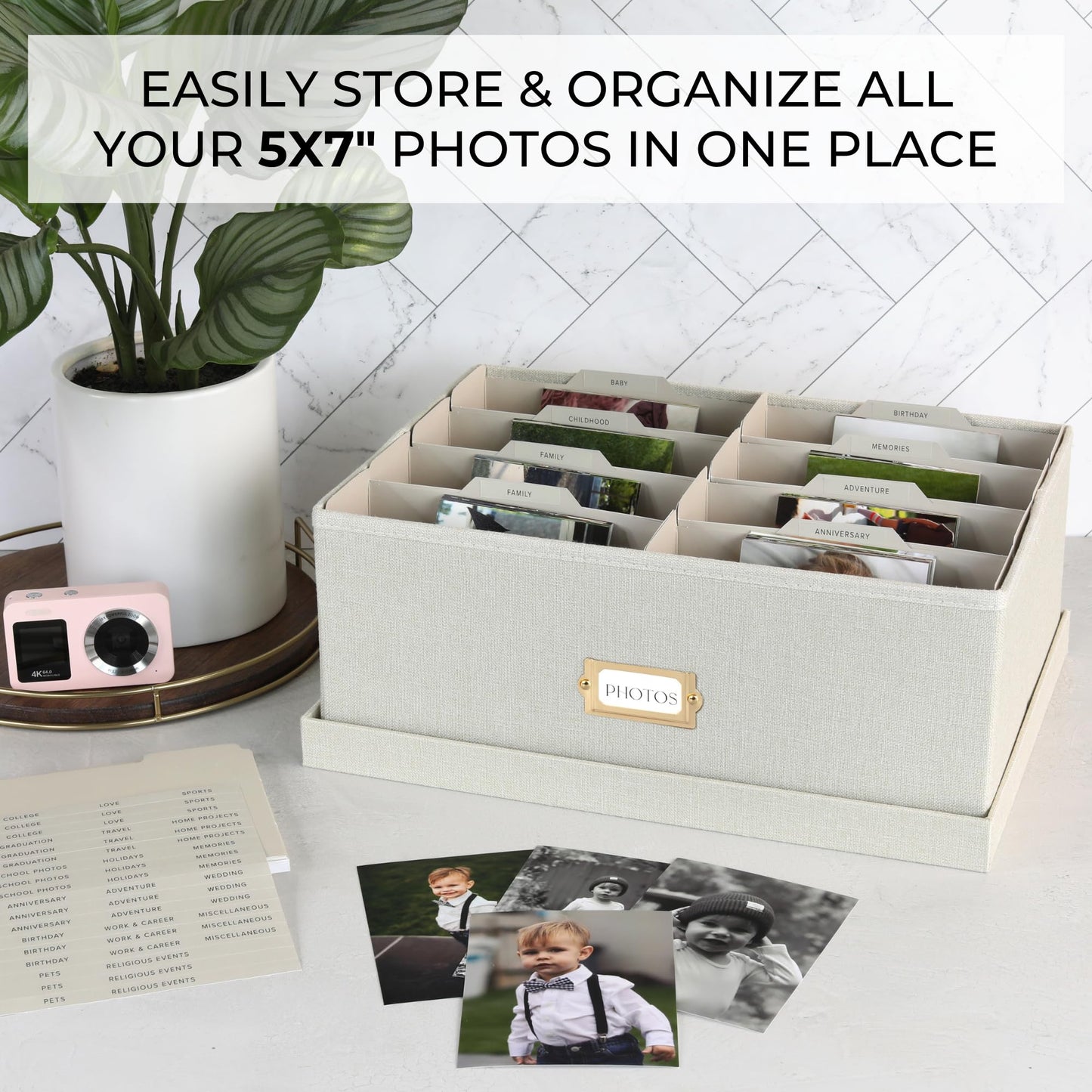 Decorative Photo Storage Box - Sturdy Linen Photo Organizer with Dividers - Stores Up to 850 4x6 Photos - Portable Scrapbook Storage Container with Lid