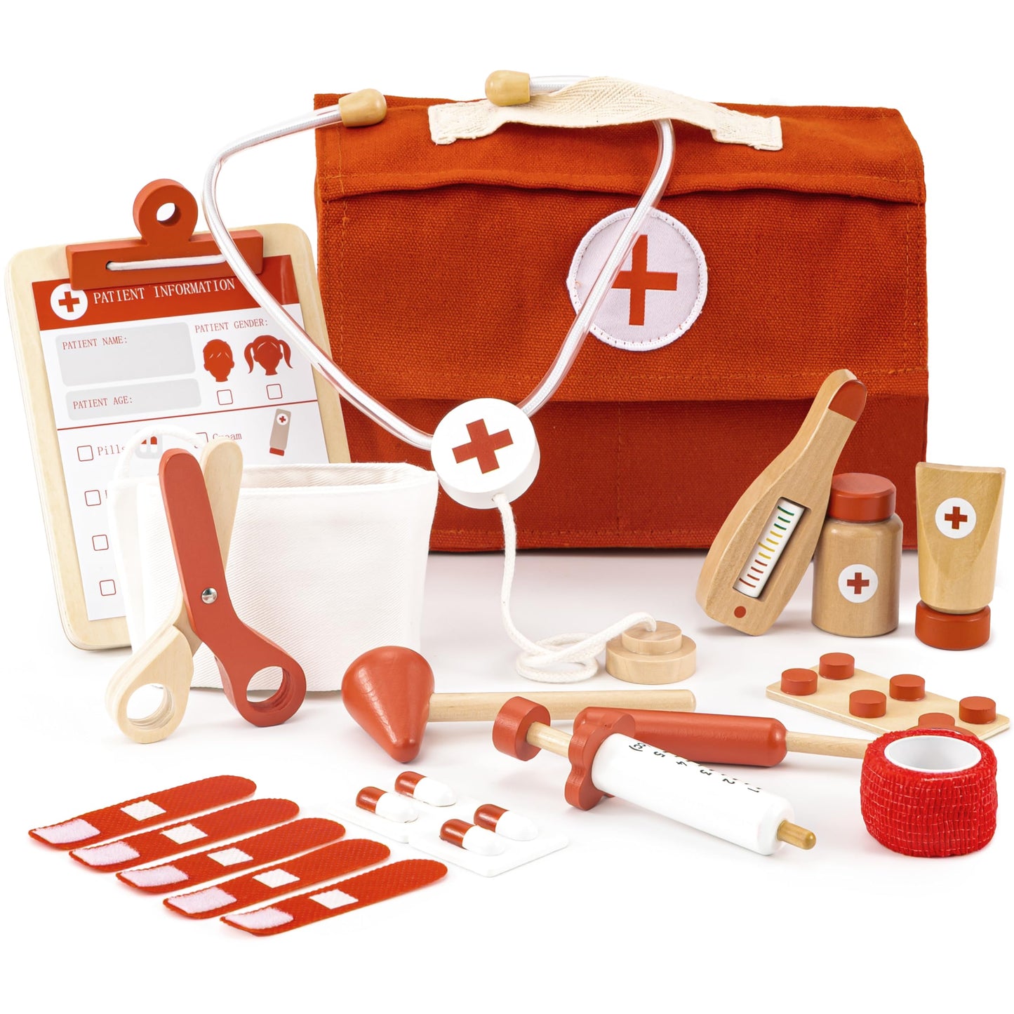 Wooden Doctor Play Set for Toddlers - A Complete Durable Pretend Play Medical Kit for Kids 3-5 with Realistic, Non-Toxic Tools & Carrying Case (Red)
