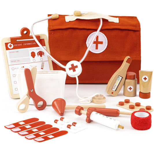 Wooden Doctor Play Set for Toddlers - A Complete Durable Pretend Play Medical Kit for Kids 3-5 with Realistic, Non-Toxic Tools & Carrying Case (Red)