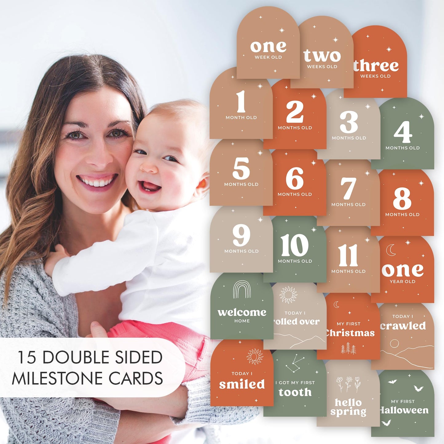 Beautiful Baby Monthly Milestone Cards - The Perfect Cards for Adorable Milestone Pictures of Your Newborn Boy/Girl - 15 Reversible Paper Set incl. Welcome Home & Hello World Sign are A Great Gift