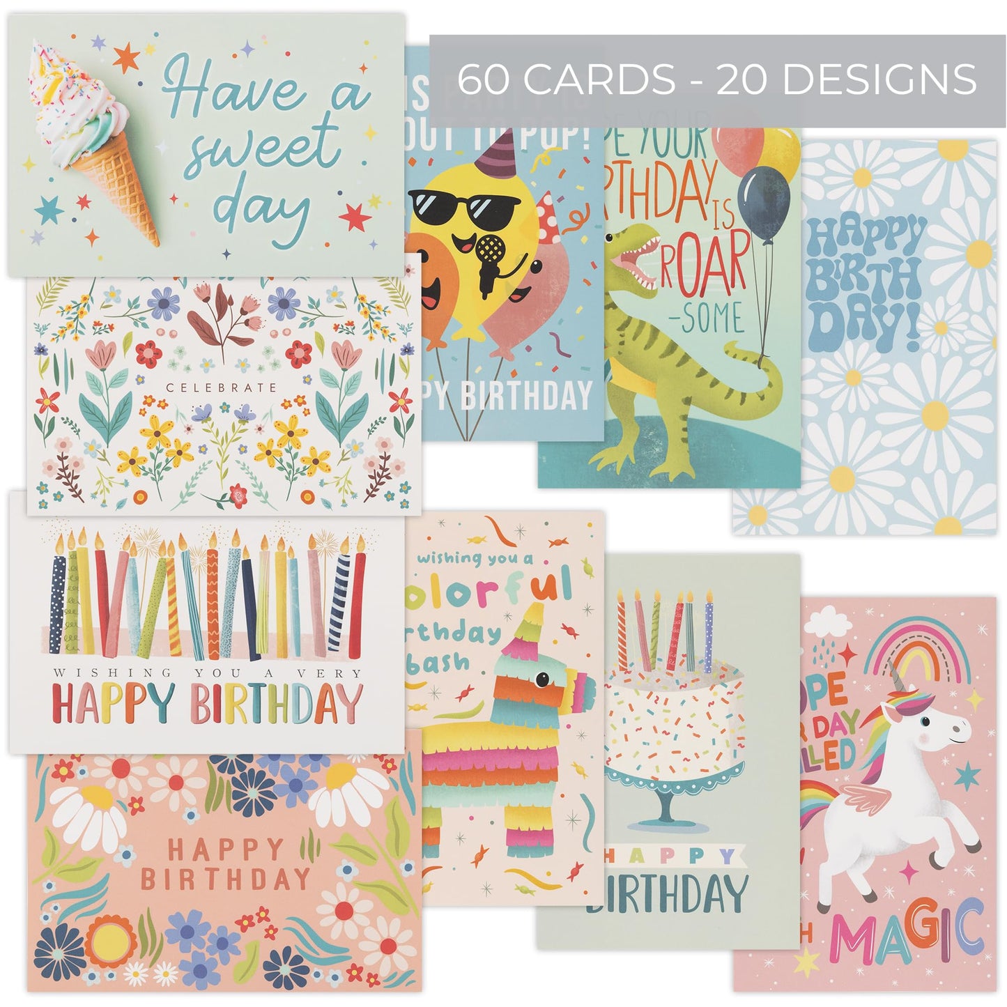 ZICOTO Beautiful Birthday Cards Set of 60 with Envelopes & Stickers - Tasteful Assorted Happy Birthday Cards Bulk For Women, Men & Kids - The Perfect Card Pack to Write Thoughtful Personal Greetings