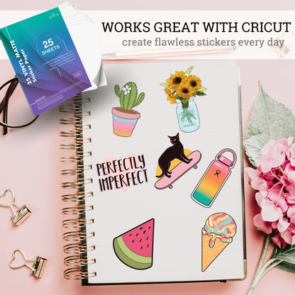 Premium Printable Vinyl Sticker Paper for Your Inkjet and Laser Printer - 25 Matte White Waterproof Decal Paper Sheets - Dries Quickly and Holds Ink Beautifully - Accessories Set for Cricut