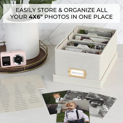 Decorative Photo Storage Box - Sturdy Linen Photo Organizer with Dividers - Stores Up to 850 4x6 Photos - Portable Scrapbook Storage Container with Lid