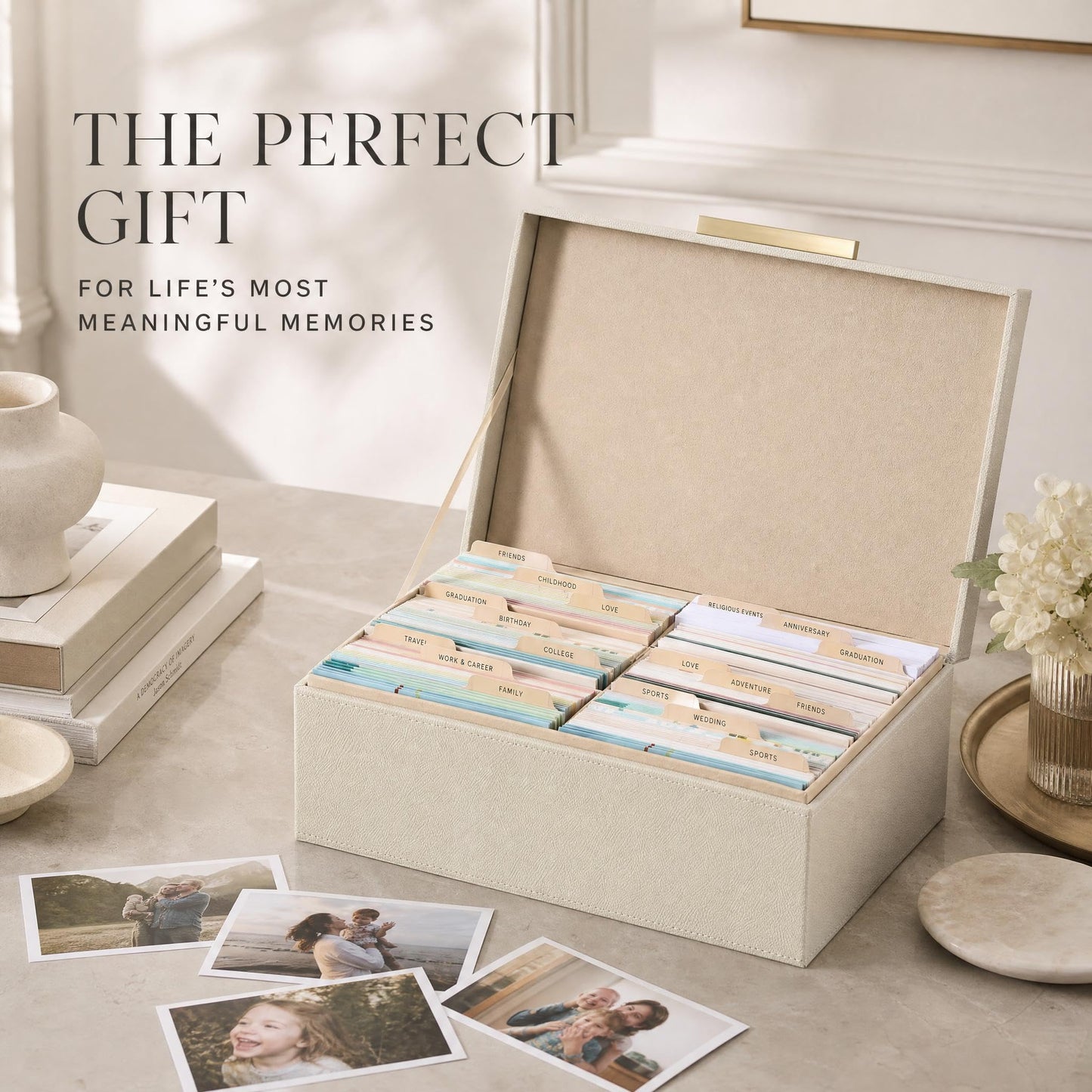 ZICOTO Decorative Photo Storage Box - Sturdy Linen Photo Organizer with Dividers is Perfect to Store Up to 1200 Pictures and 4x6 Photos - Portable Scrapbook Storage Containers with Lid