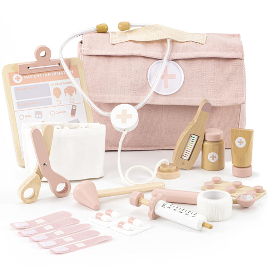 Wooden Doctor Play Set for Toddlers - A Complete Durable Pretend Play Medical Kit for Kids 3-5 with Realistic, Non-Toxic Tools & Carrying Case