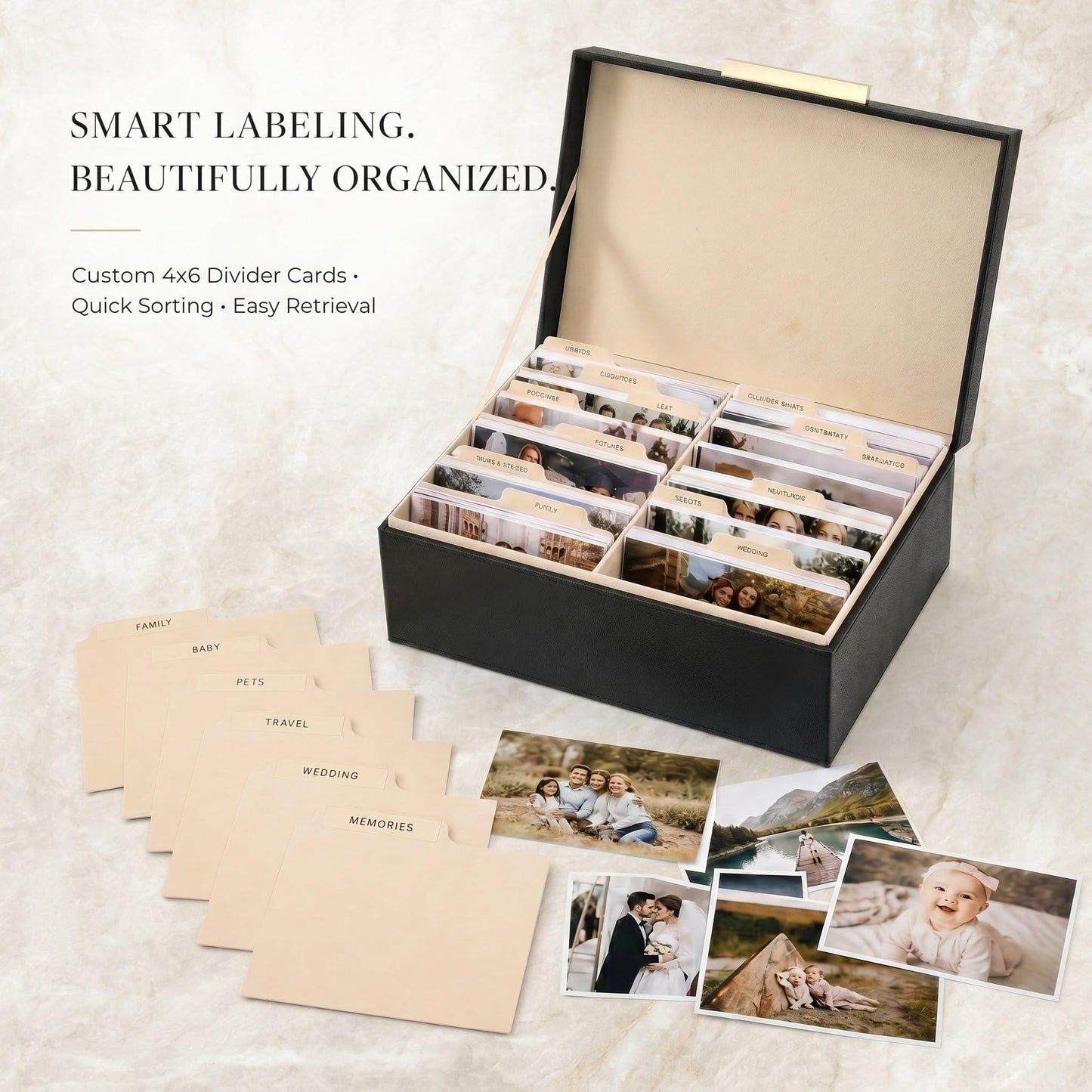 ZICOTO Decorative Photo Storage Box - Sturdy Linen Photo Organizer with Dividers is Perfect to Store Up to 1200 Pictures and 4x6 Photos - Portable Scrapbook Storage Containers with Lid