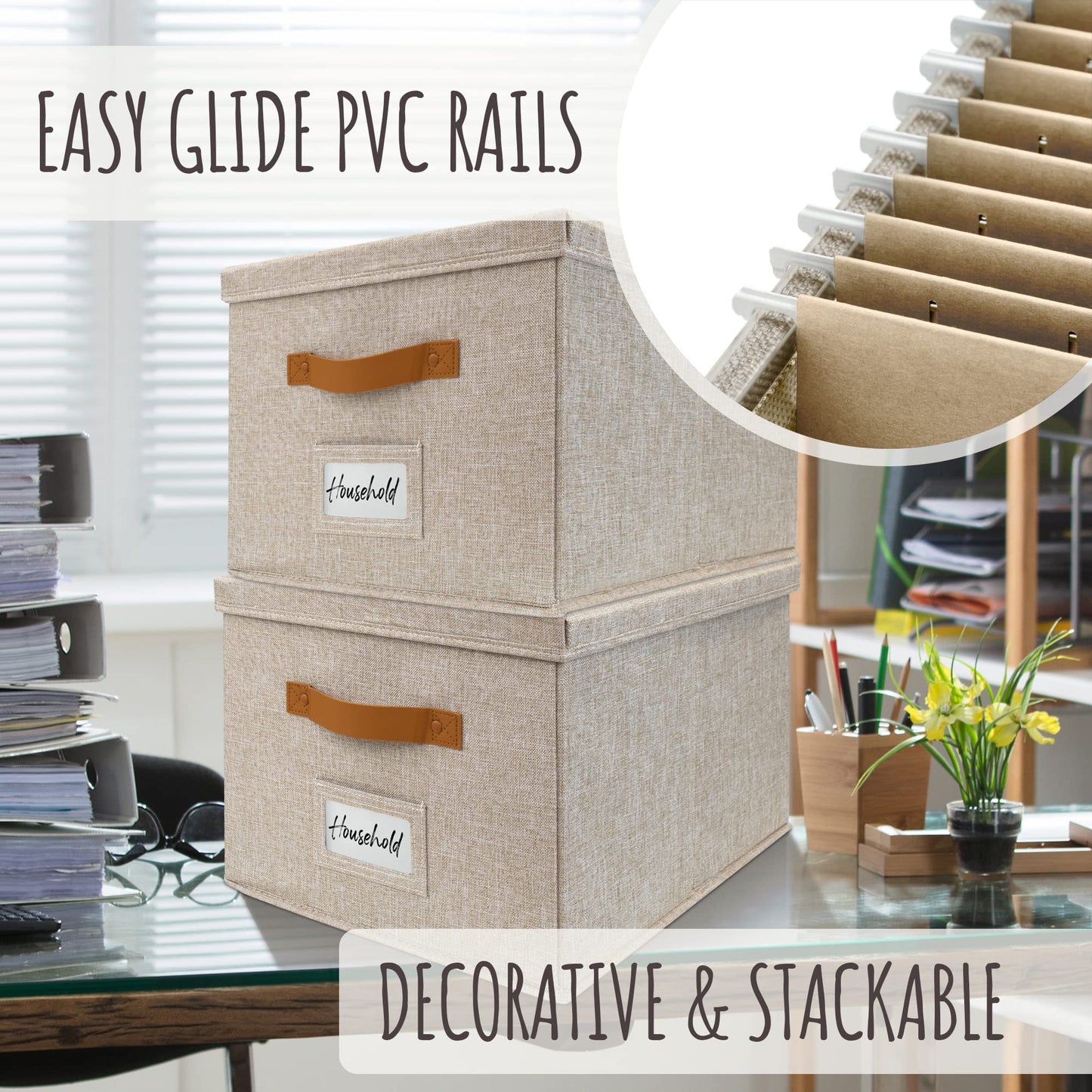 ZICOTO Decorative File Organizer Box Set of 2 - Collapsible Linen Filing Cabinets w/Handles Are Perfect to Store all Your Documents & Hanging File Folders - Portable Easy Slide Crates with Lid