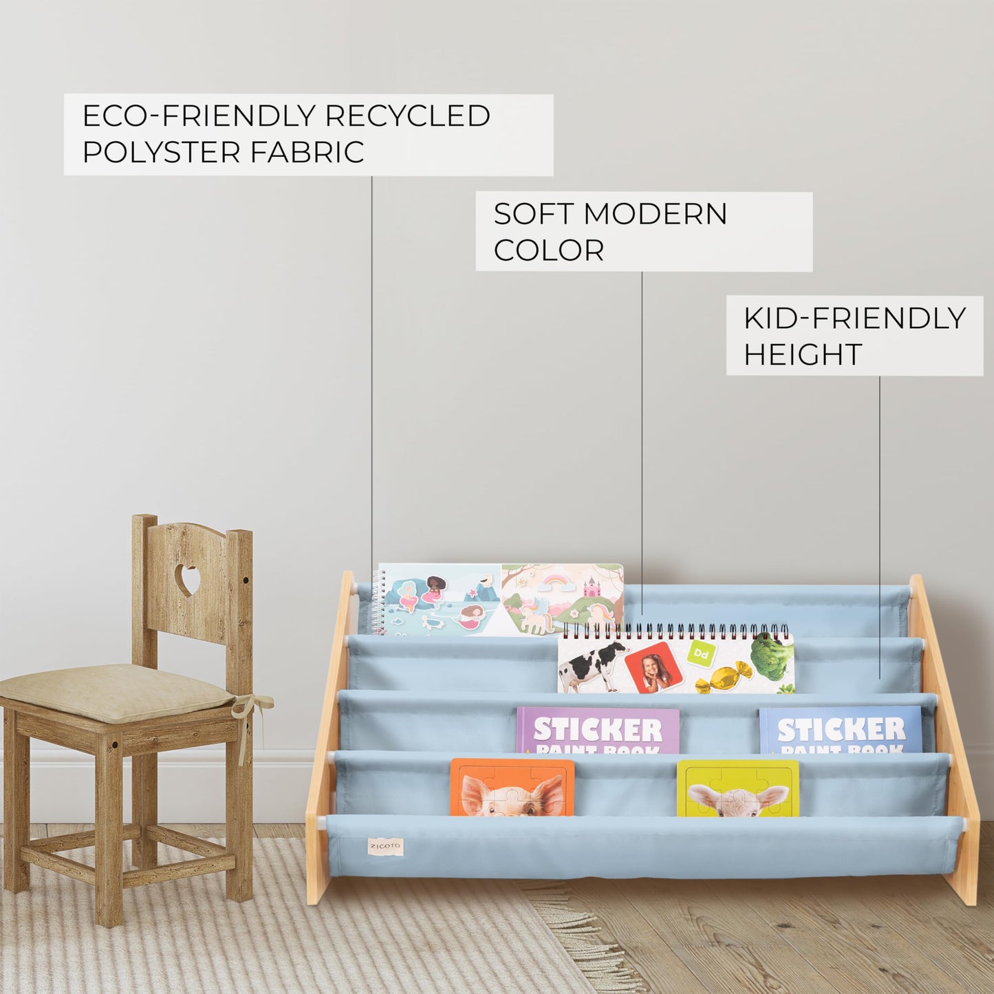 ZICOTO Decorative Wooden Bookshelf for Kids Rooms - Keeps Plenty of Books Neatly Organized & Within Reach for Toddlers - Easy Install Montessori Book Shelf for Baby's Bedroom or Playroom Decor