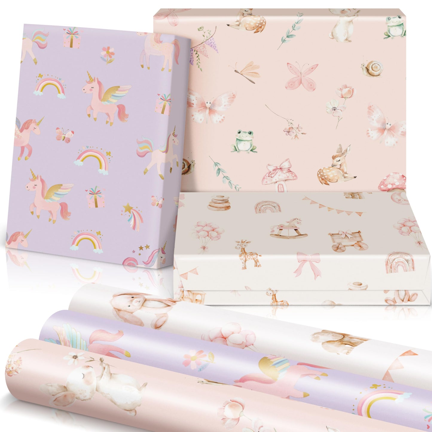 ZICOTO Beautiful Gift Wrapping Paper Rolls for Baby Shower - Cute Set of 3 Quality Rolls For Girls Birthdays & Baby Showers - Add a Touch of Magic to Every Gift You Wrap - 17 x 120 in