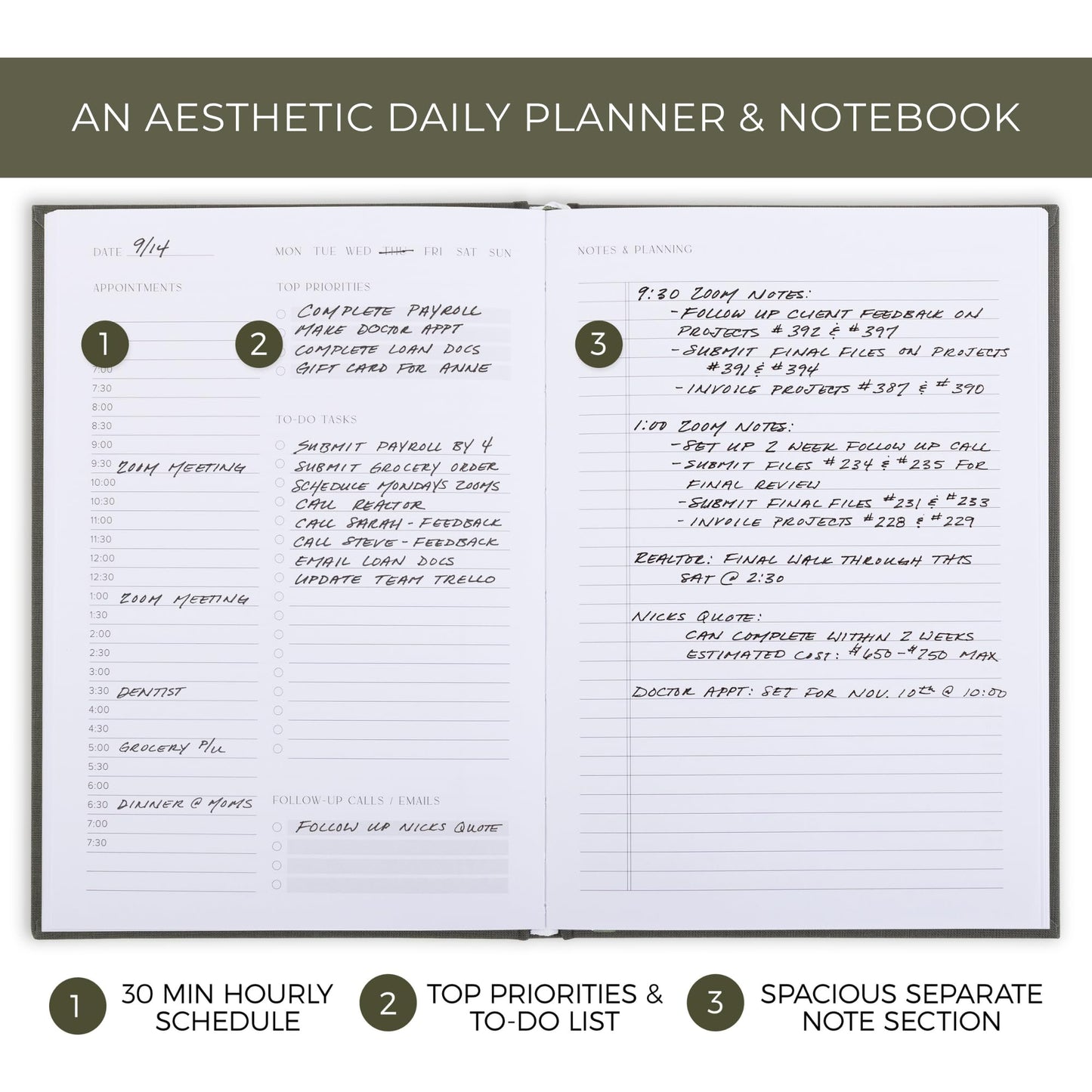Aesthetic Daily Planner And Notebook With Hourly Schedule - Modern Hardcover To do List Notepad to Easily Organize Your Work Tasks And Appointments - The Perfect Office Supplies