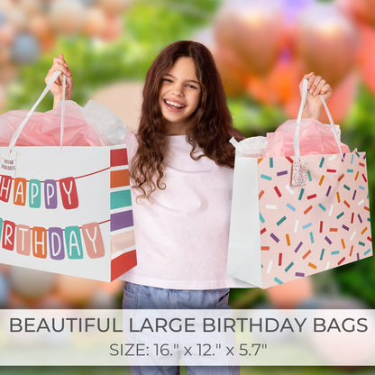ZICOTO Beautiful Birthday Gift Bags Set of 2 - Large 16" Bags with Handles incl. Matching Tissue Paper, Cards & Stickers - Reusable and Perfect For Presents…
