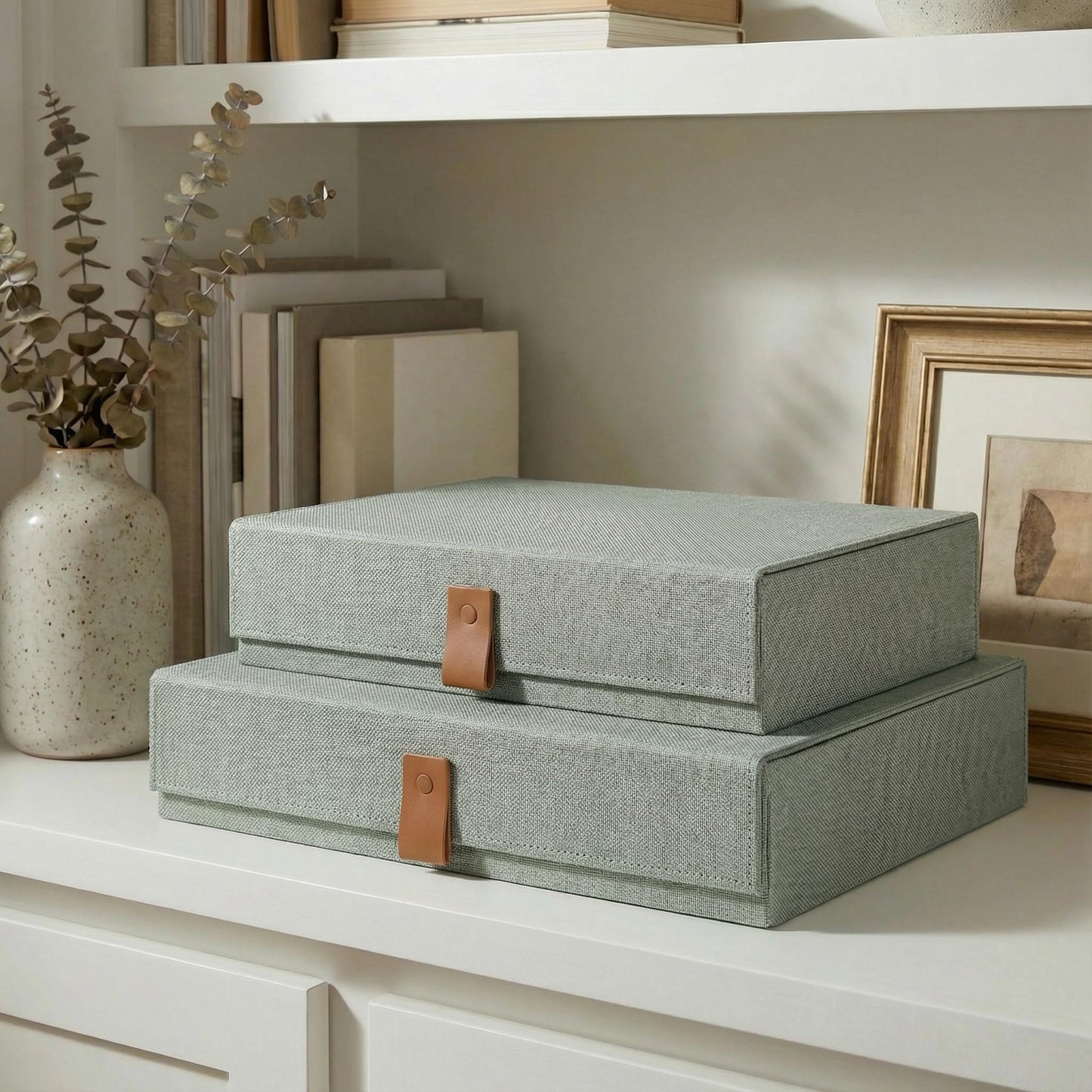 ZICOTO Decorative Photo Storage Boxes with Lids - Set of 2 Beautiful Linen Organizers Are Perfect to Safely Store Your Pictures, Documents, Scrapbooking Supplies, Keepsakes and Other Memories in Style