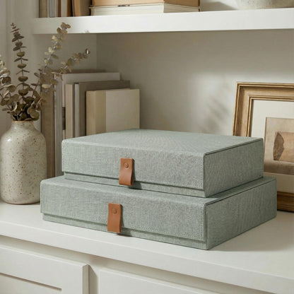ZICOTO Decorative Photo Storage Boxes with Lids - Set of 2 Beautiful Linen Organizers Are Perfect to Safely Store Your Pictures, Documents, Scrapbooking Supplies, Keepsakes and Other Memories in Style