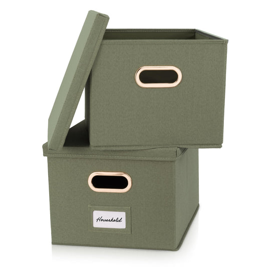 ZICOTO Decorative File Organizer Box Set of 2 - Collapsible Linen Filing Cabinets w/Handles Are Perfect to Store all Your Documents & Hanging File Folders - Portable Easy Slide Crates with Lid