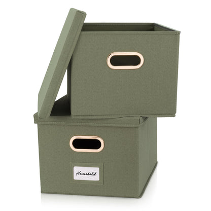 ZICOTO Decorative File Organizer Box Set of 2 - Collapsible Linen Filing Cabinets w/Handles Are Perfect to Store all Your Documents & Hanging File Folders - Portable Easy Slide Crates with Lid
