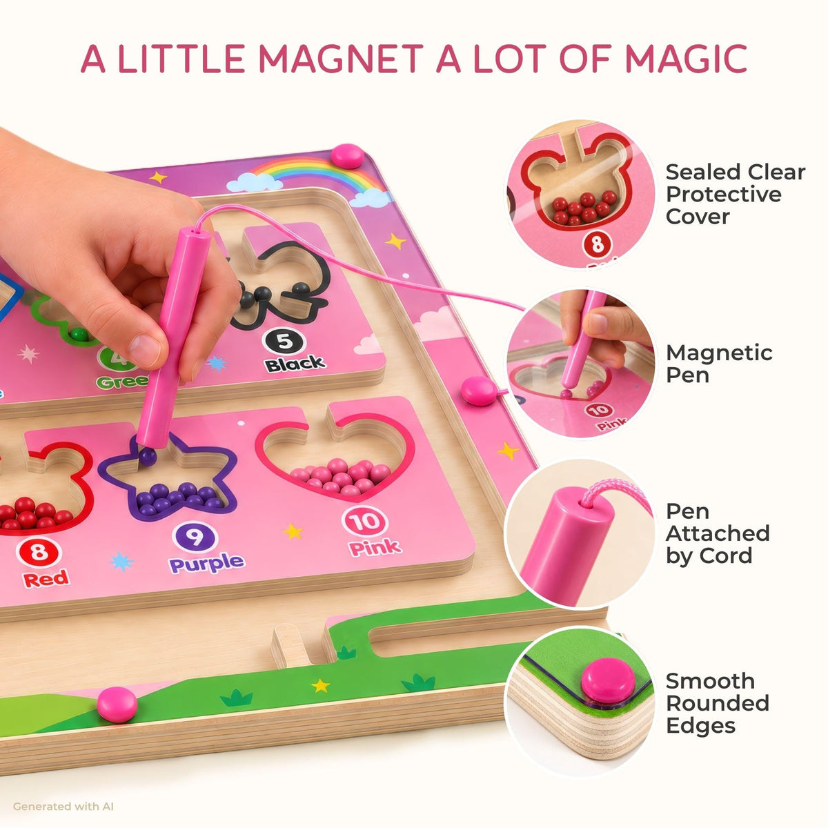 Wooden Magnetic Maze for Toddlers - Fun Color & Number Puzzle for Kids 2-4