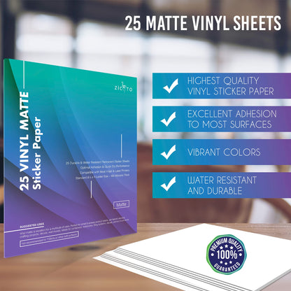 Premium Printable Vinyl Sticker Paper for Your Inkjet and Laser Printer - 25 Matte White Waterproof Decal Paper Sheets - Dries Quickly and Holds Ink Beautifully - Accessories Set for Cricut