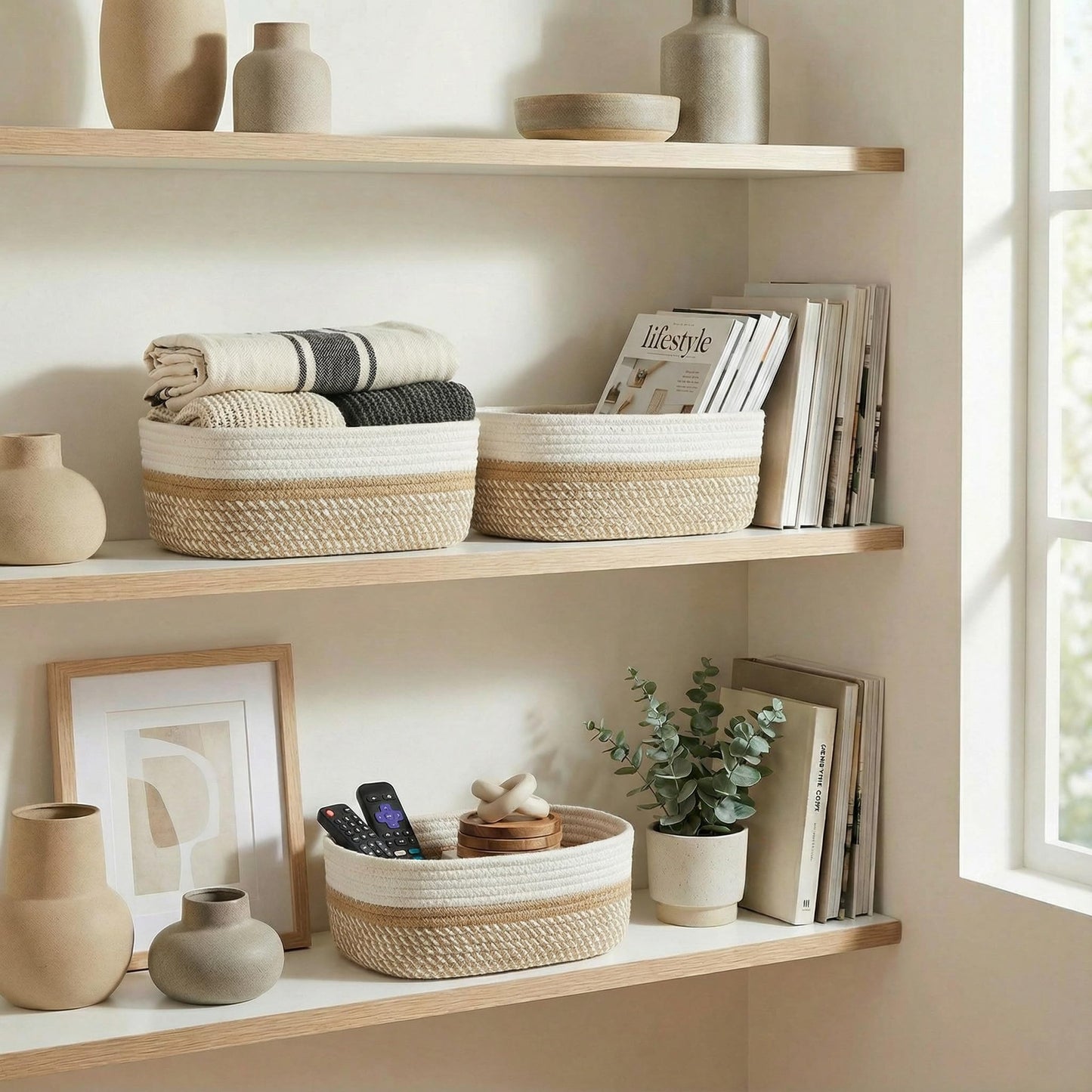 Beautiful Storage Basket Set of 3 - Sturdy Cotton Rope Baskets for Shelves Are Perfect for Organizing Your Home - Quality Storage Bins Easily Fit With Any Nursery or Bedroom Decor