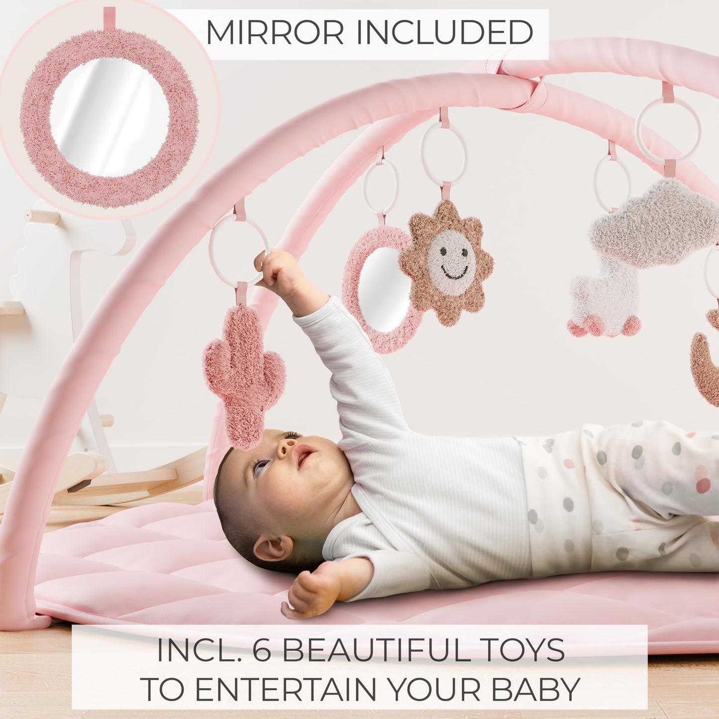Beautiful Baby Play Gym - Soft Cotton Mat with 6 Cute Toys Creates The Perfect Activity Area for Your Girl/Boy - Stylish Infant Floor Playmat Fits Nicely with Any Playroom Decor