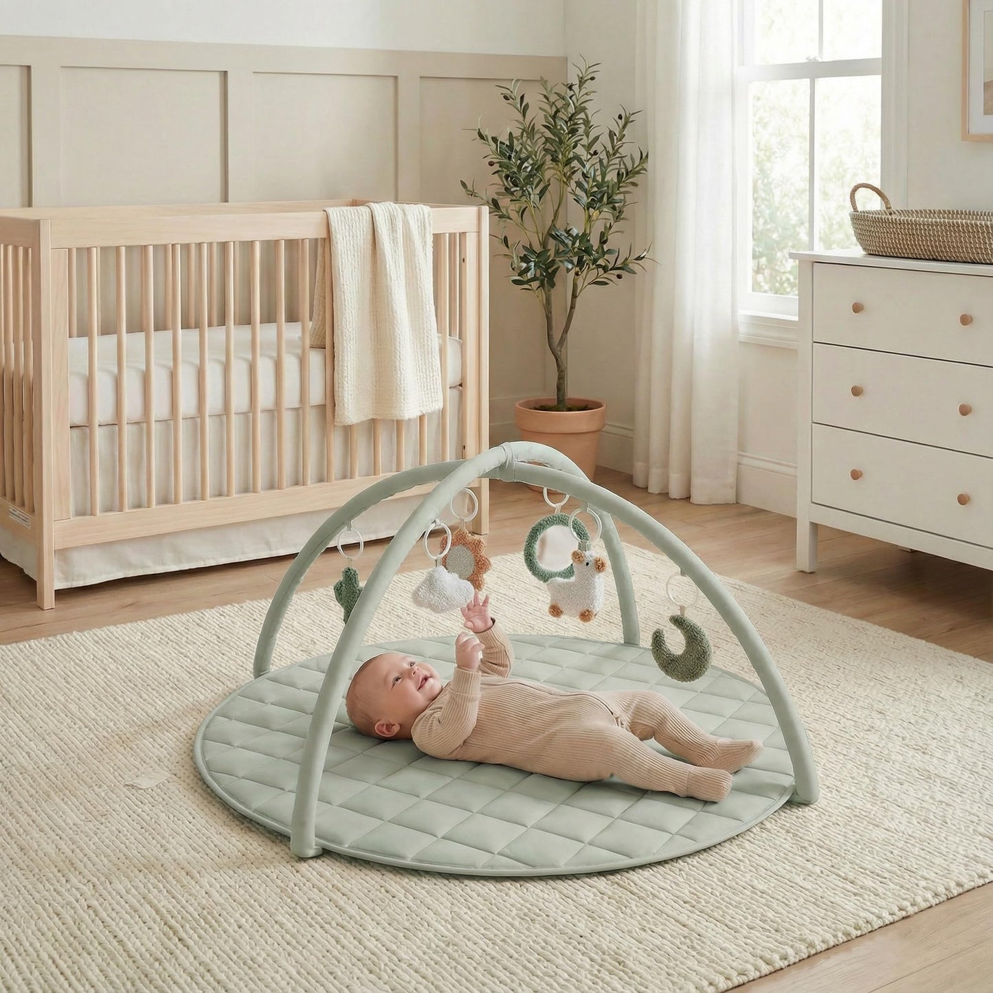 Beautiful Baby Play Gym - Soft Cotton Mat with 6 Cute Toys Creates The Perfect Activity Area for Your Girl/Boy - Stylish Infant Floor Playmat Fits Nicely with Any Playroom Decor