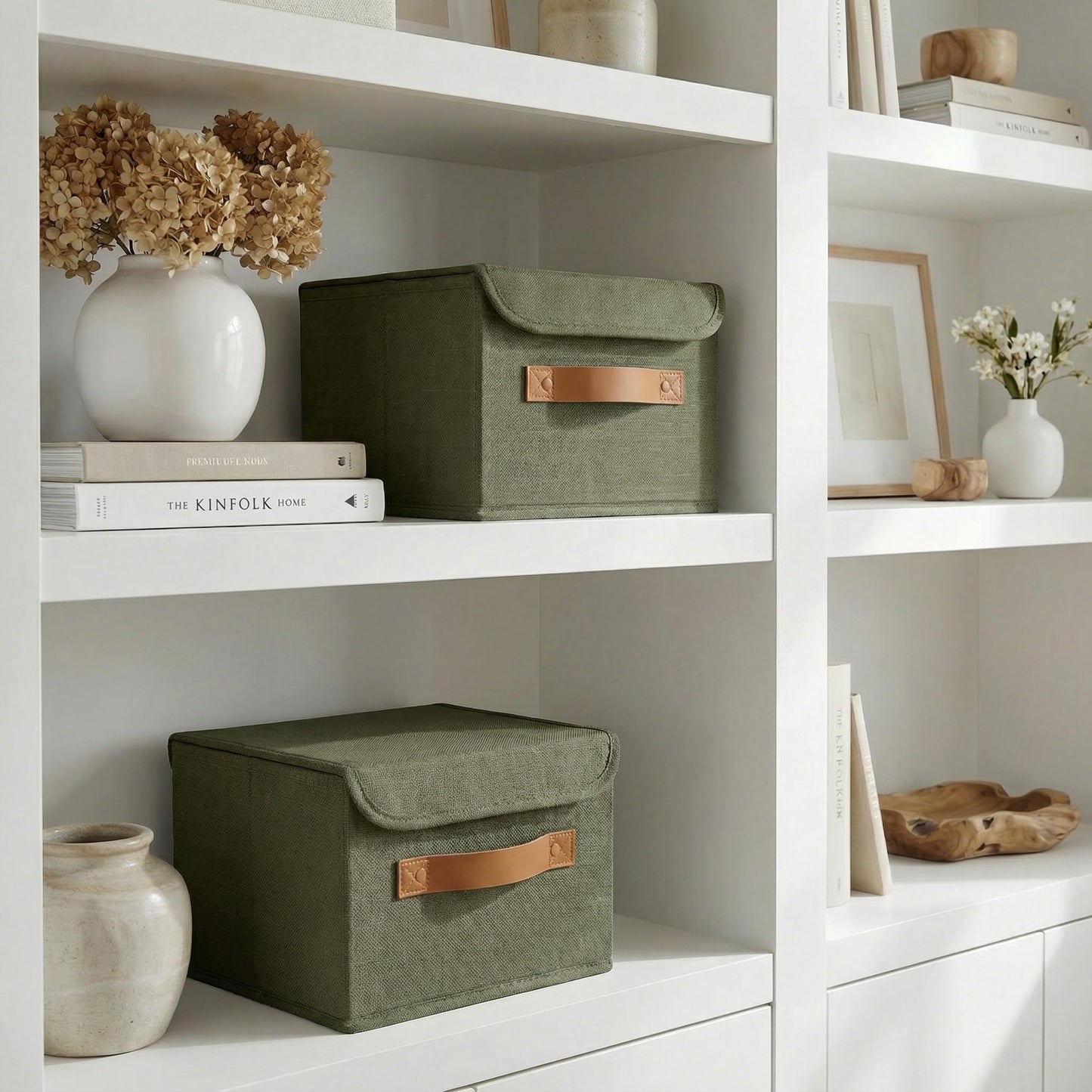 ZICOTO Beautiful Storage Bin with Lid – Foldable Cotton-Linen Fabric Box with PU Leather Handles, Decorative Closet Organizer Cube Reinforced with PP Board