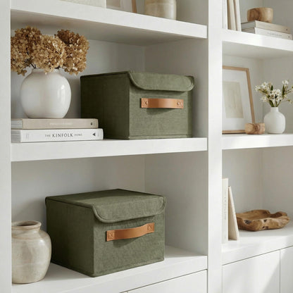 ZICOTO Beautiful Storage Bin with Lid – Foldable Cotton-Linen Fabric Box with PU Leather Handles, Decorative Closet Organizer Cube Reinforced with PP Board
