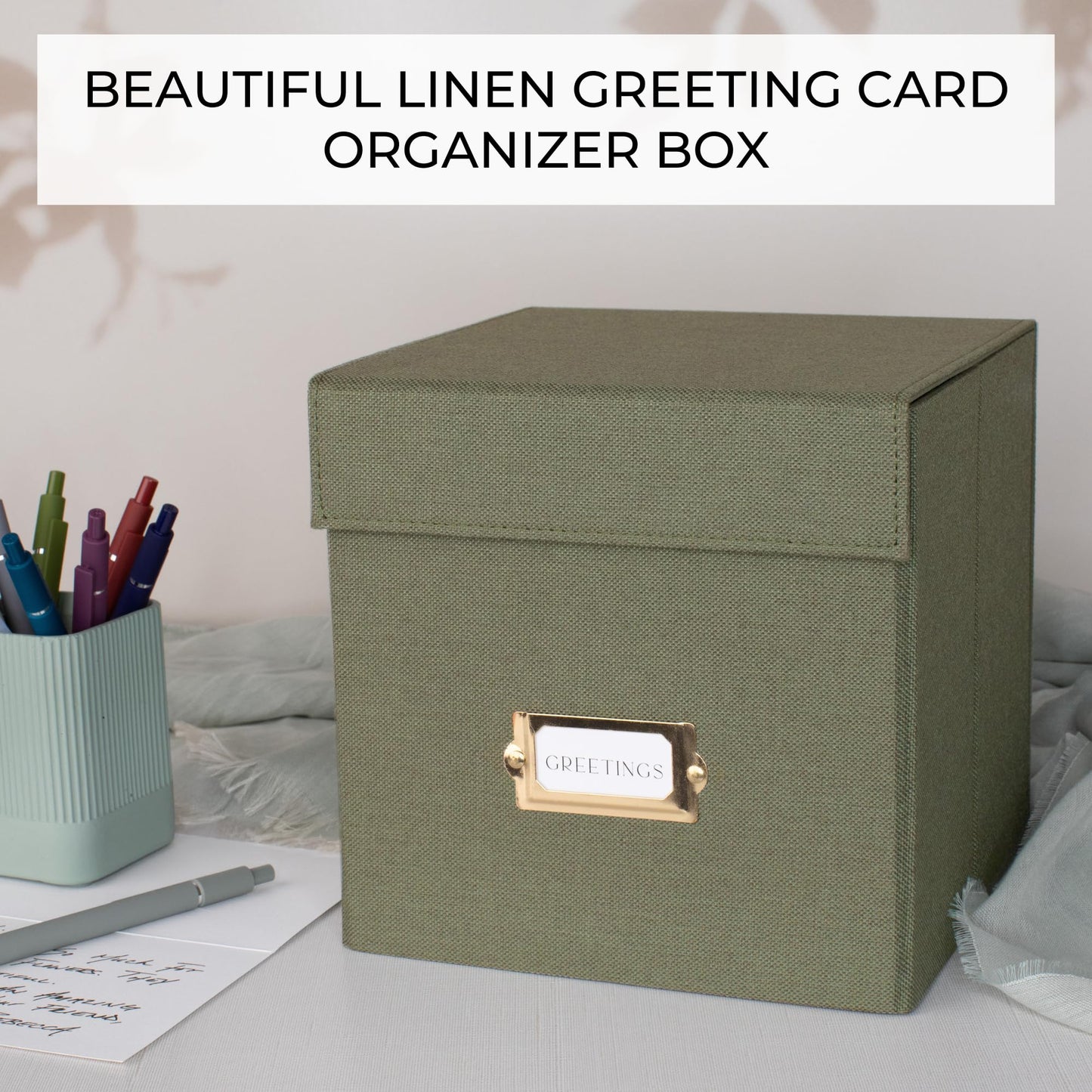 ZICOTO Beautiful Greeting Card Organizer Box With Dividers - Sturdy Linen Storage Box Easily Organizes All Your Greeting Cards in Style - Cute Card Holder Safely Stores Up to 300 Small Or Large Cards