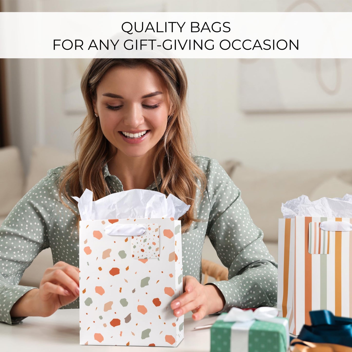 Beautiful Gift Bags Set of 4 - Medium Sized 9" Bags with Handles incl. Matching Tissue Paper, Cards & Small Stickers - Reusable & For Presents of Any Birthday, Weddings, Mothers Day & Other Occasion
