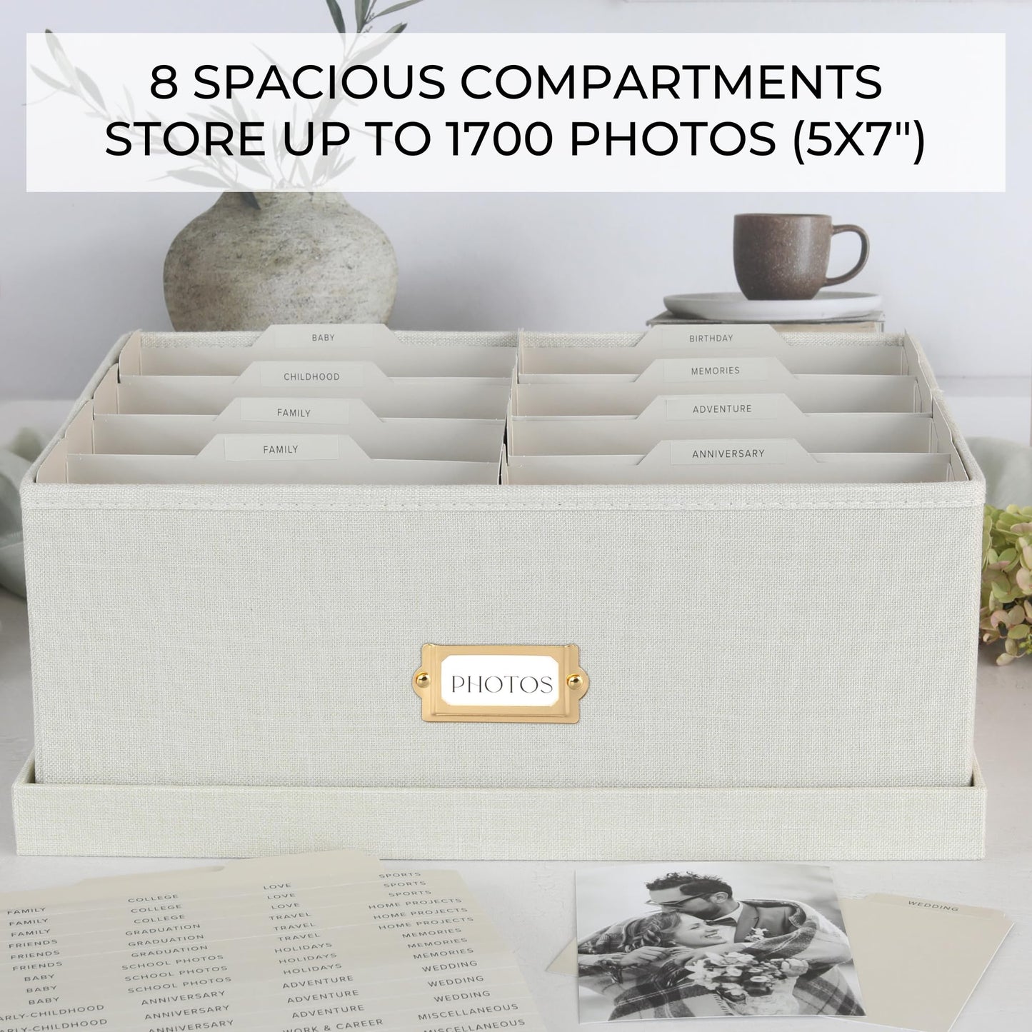 Decorative Photo Storage Box - Sturdy Linen Photo Organizer with Dividers - Stores Up to 850 4x6 Photos - Portable Scrapbook Storage Container with Lid