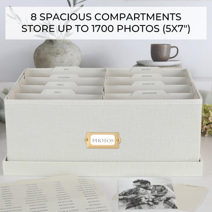 Decorative Photo Storage Box - Sturdy Linen Photo Organizer with Dividers - Stores Up to 850 4x6 Photos - Portable Scrapbook Storage Container with Lid
