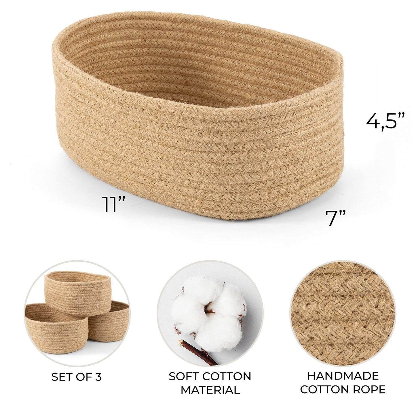 Beautiful Storage Basket Set of 3 - Sturdy Cotton Rope Baskets for Shelves Are Perfect for Organizing Your Home - Quality Storage Bins Easily Fit With Any Nursery or Bedroom Decor