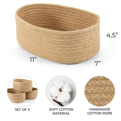 Beautiful Storage Basket Set of 3 - Sturdy Cotton Rope Baskets for Shelves Are Perfect for Organizing Your Home - Quality Storage Bins Easily Fit With Any Nursery or Bedroom Decor