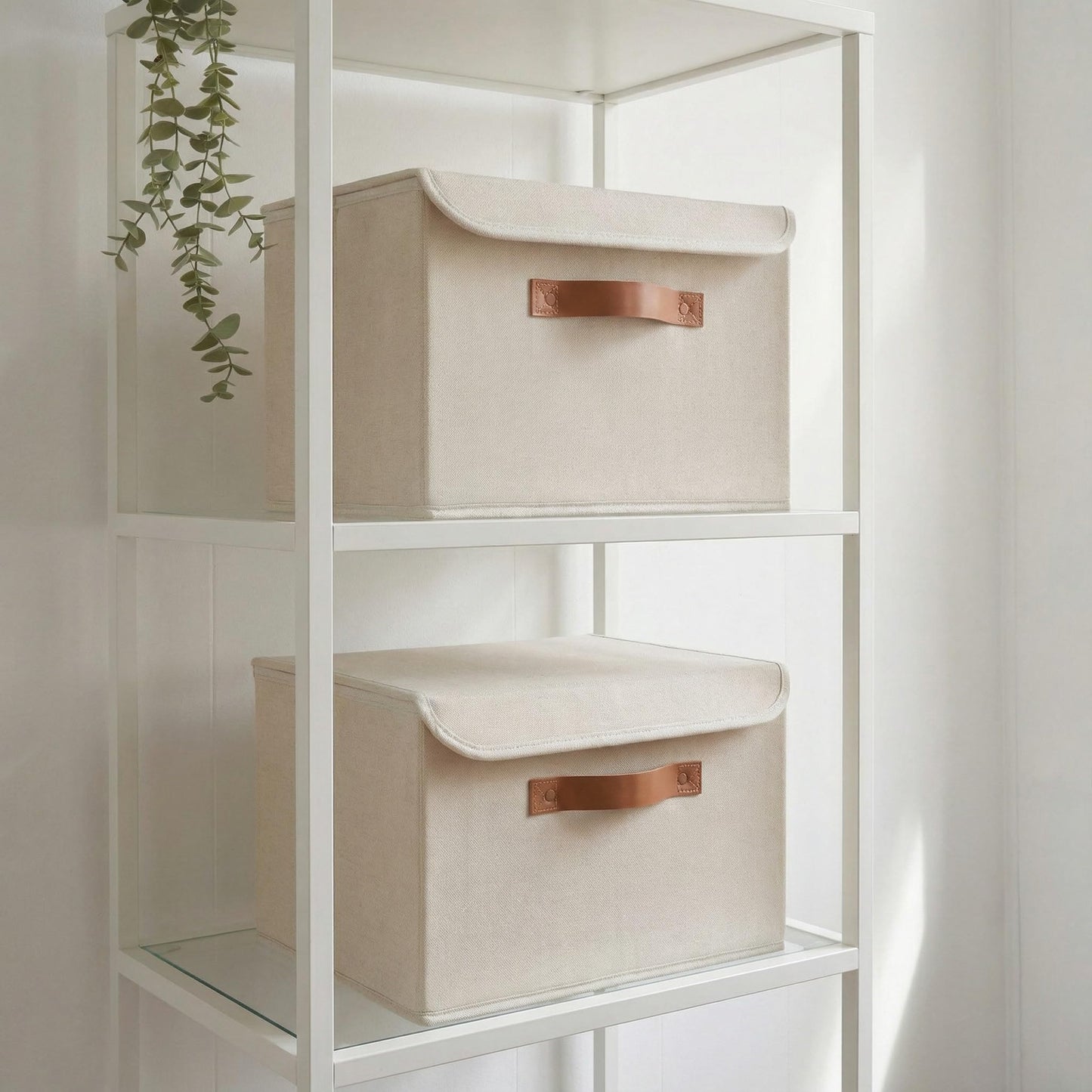 ZICOTO Beautiful Storage Bin with Lid – Foldable Cotton-Linen Fabric Box with PU Leather Handles, Decorative Closet Organizer Cube Reinforced with PP Board
