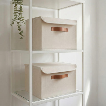 ZICOTO Beautiful Storage Bin with Lid – Foldable Cotton-Linen Fabric Box with PU Leather Handles, Decorative Closet Organizer Cube Reinforced with PP Board