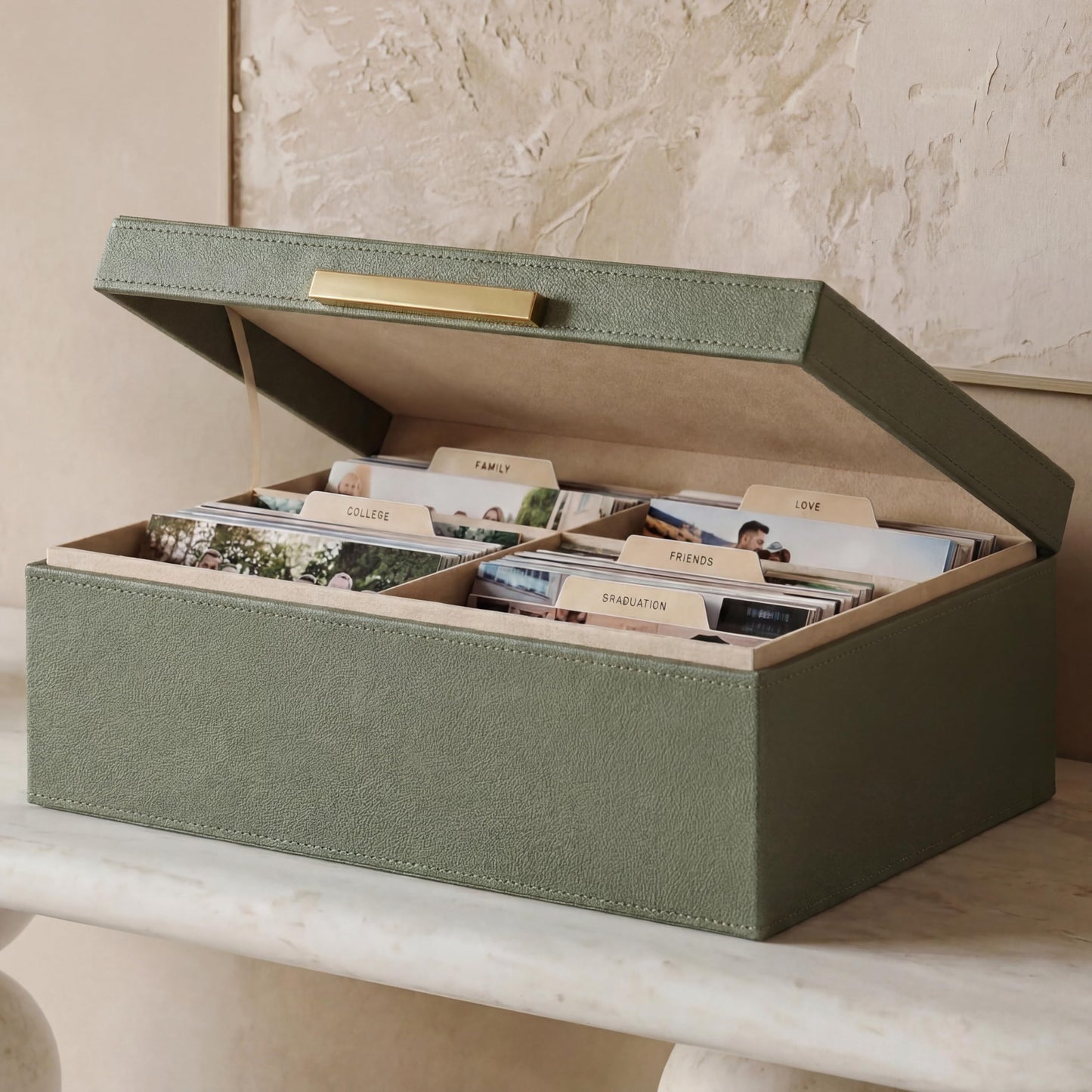 ZICOTO Decorative Photo Storage Box - Sturdy Linen Photo Organizer with Dividers is Perfect to Store Up to 1200 Pictures and 4x6 Photos - Portable Scrapbook Storage Containers with Lid