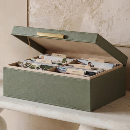 ZICOTO Decorative Photo Storage Box - Sturdy Linen Photo Organizer with Dividers is Perfect to Store Up to 1200 Pictures and 4x6 Photos - Portable Scrapbook Storage Containers with Lid