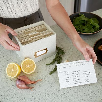 ZICOTO Beautiful Linen Recipe Box - Fits 4x6 inch Recipe Cards to Organize Up to 250 Recipes - Sturdy Card Holder and Great Gift for Any Kitchen - Cards Not Incl.