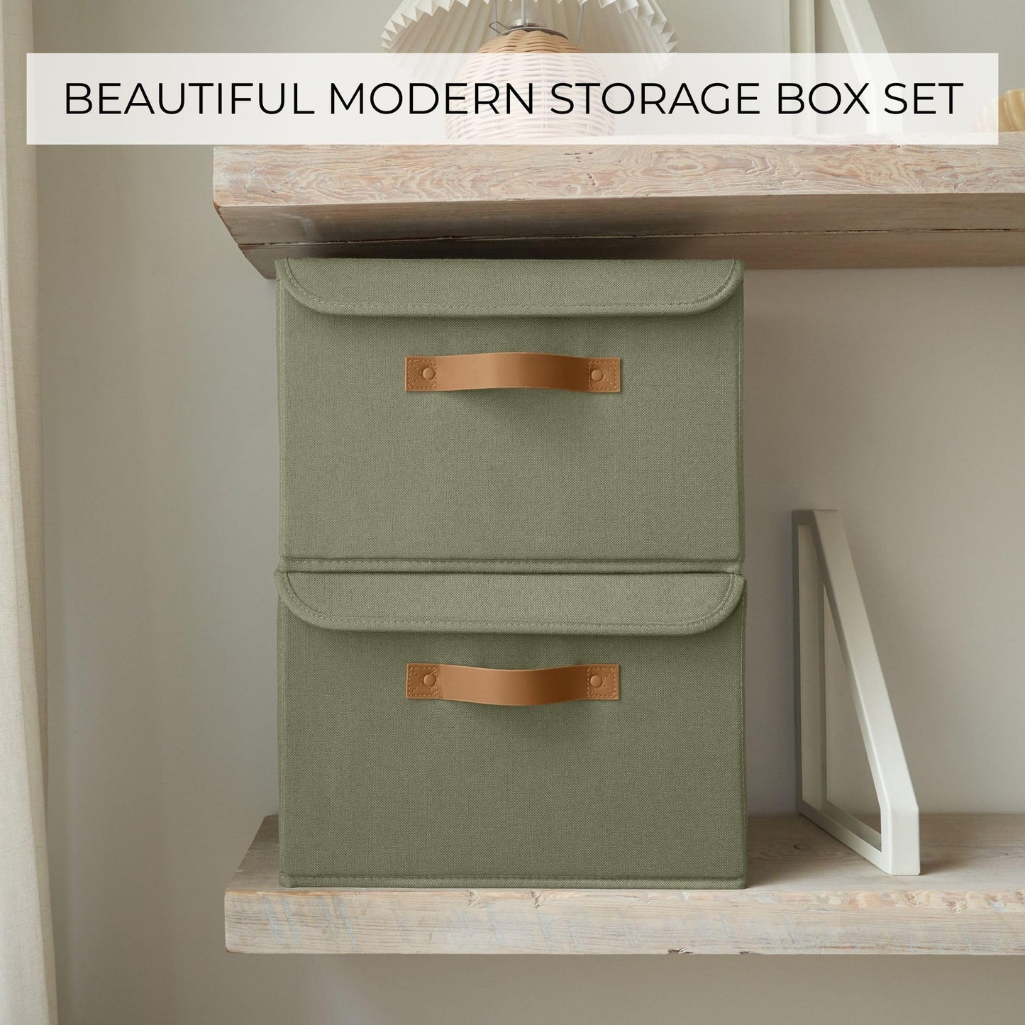 ZICOTO Beautiful Storage Bin with Lid – Foldable Cotton-Linen Fabric Box with PU Leather Handles, Decorative Closet Organizer Cube Reinforced with PP Board