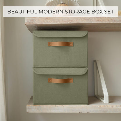 ZICOTO Beautiful Storage Bin with Lid – Foldable Cotton-Linen Fabric Box with PU Leather Handles, Decorative Closet Organizer Cube Reinforced with PP Board